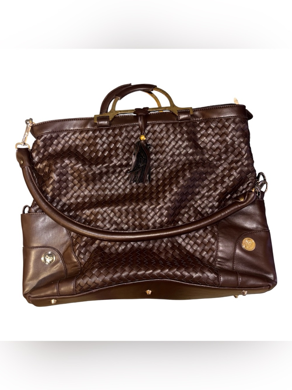 Woven Leather Satchel in Dark Brown with Tassel large bag